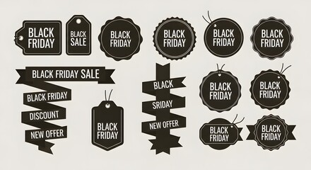 Collection of black friday sale tags and labels with text like black friday, sale, discount, new offer, isolated on white background