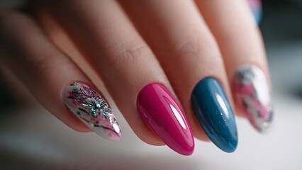 Vibrant Spring Mix & Match Nail Art: Hot Pink, Teal Glitter, and Floral Accent