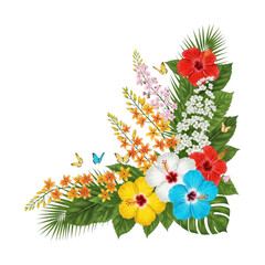 Vibrant lush tropical flower arrangement in corner design with hibiscus orchids and palm leaves exotic botanical decor transparent background