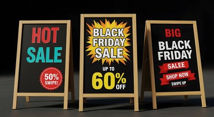 Three black aframe chalkboards advertising black friday sales with discounts up to 60 off, promoting hot sales and shop now