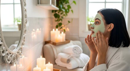 Woman applying a green facial mask in a bathroom with candles and a decorative mirror in the background