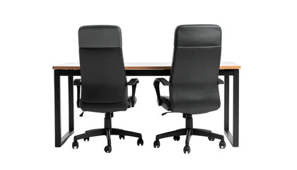 Office setup desk with two black office chairs, viewed from behind, isolated on black