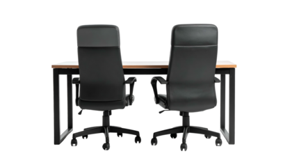 Office setup desk with two black office chairs, viewed from behind, isolated on black