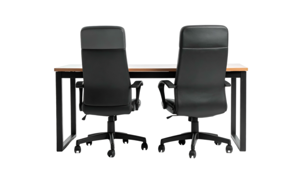 Office setup desk with two black office chairs, viewed from behind, isolated on black