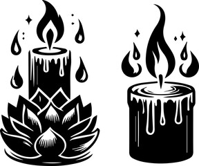 Candle Silhouette Illustration of Burning Wax Candle with Flame Light, Vector