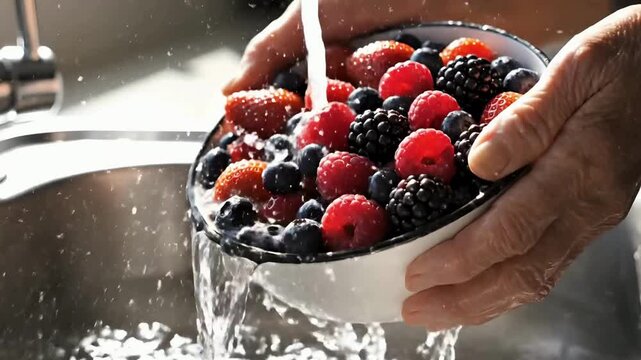Senior hands washing fresh mixed berries in a bowl under sink faucet