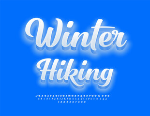 Vector Glowing banner Winter Hiking. Snowy White Font. Beautiful Neon Alphabet Letters and Numbers set.