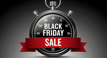 Black friday sale stopwatch with red ribbon and text indicating a limited time offer for shopping discounts and promotions