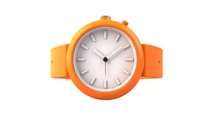 A vibrant orange wristwatch with a white face and a simple design isolated on a black background