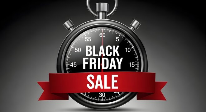 Black friday sale stopwatch with red ribbon and text indicating a limited time offer for shopping discounts and promotions
