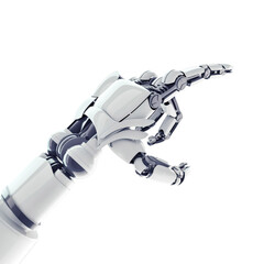 Futuristic robotic hands reaching toward each other, symbolizing connection and technology on a white background.