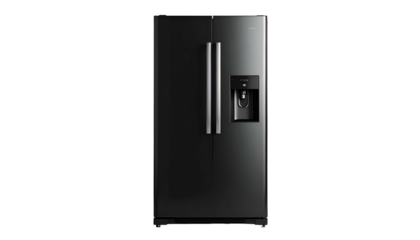 A sleek, dark-grey side-by-side refrigerator with water/ice dispenser