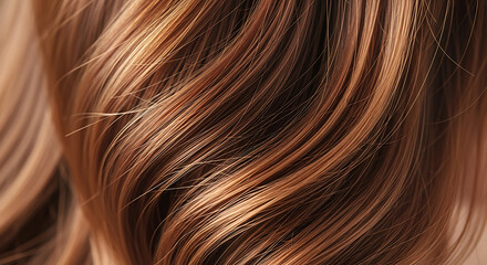 Fototapeta premium Close-up of brown and blonde wavy hair with highlights.