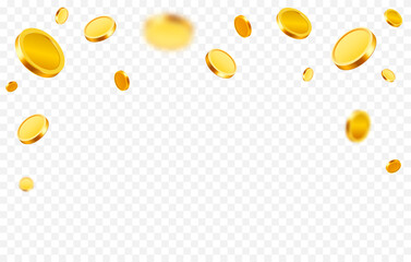 Gold coins isolated on transparent background. Coins burst and explode wealth, jackpot, treasure, and finance concept.
