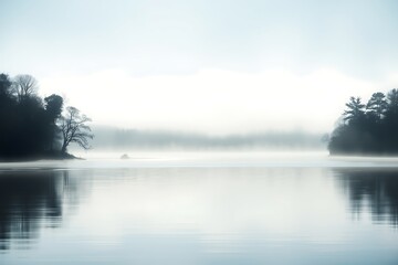Generative AI serene misty lake landscape reflection tranquil morning.