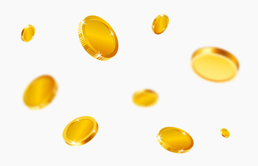 Realistic gold coins explosion. Golden coins of million dollars lottery games prize. Flying coin vector illustration
