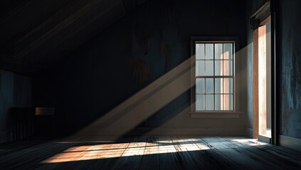 Sunlight streams into a dimly lit attic room
