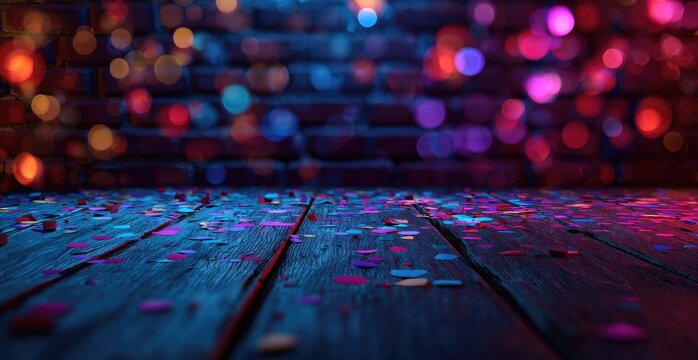 Festive, colorful confetti on a dark wooden surface against a blurred background of vibrant lights