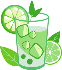 Cucumber-lime juice, light green, mint leaves and ice cubes Silhouette  , white background 