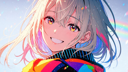 A smiling girl with long, white hair that catches the bright sunlight