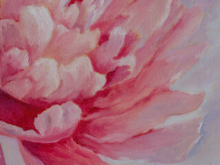 Naklejka premium Painting with pink peony petals. Oil painting with a fragment of a flower. Abstract floral background