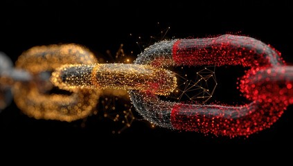 Abstract chain links connected with digital particles