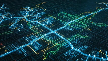A digital city map glows with neon lines, pathways of blue, green and yellow tracing streets, intersections and areas in a grid. White dots highlight points of interest - Powered by Adobe