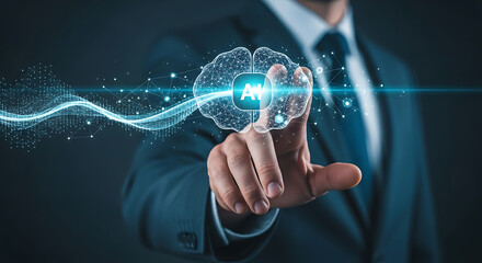 Businessman touching a digital screen with a brain and ai lettering, symbolizing artificial intelligence in business technology, innovation, and neural network.