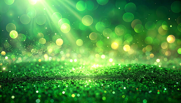 Sparkling vibrant green backdrop with soft glowing bokeh lights, glitter particles shimmering.