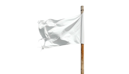 A distressed, white flag waves from a wooden pole against a stark black background