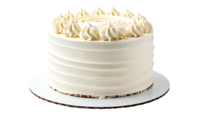 Round frosted cake with swirled frosting border on a white circular base, isolated on white