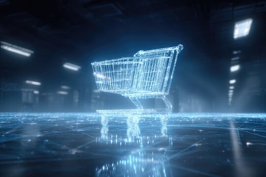 Glowing shopping cart hologram in a dark, futuristic store