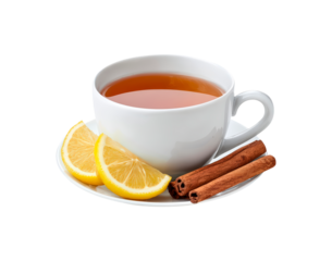 Warm herbal tea with lemon and cinnamon for a cozy winter drink on transparent background