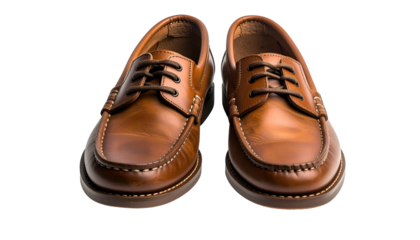 Two brown leather boat shoes, front view, set against a black background, featuring laces