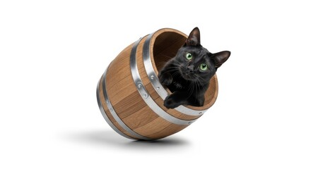 cat in a wooden barrel, peeking out, on a solid white background