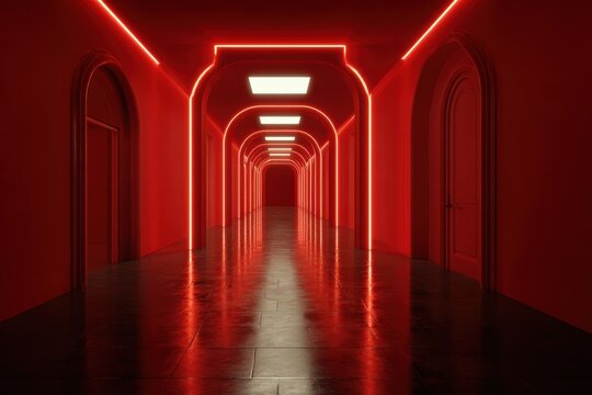 A vivid, modern hallway with red neon lighting. Arches line the walls, leading into the distance
