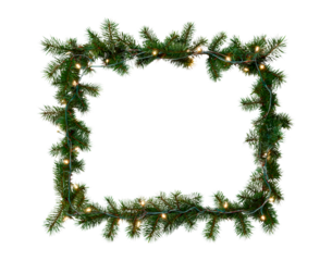 Festive pine garland with warm lights frame for holiday decoration and design