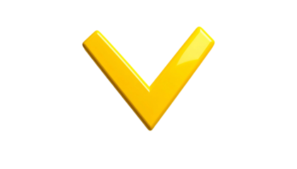 A glossy, yellow, three-dimensional arrow pointing downwards set against a solid black background