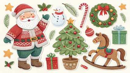 Charming christmas elements festive santa claus tree wreath candy cane and toys collection