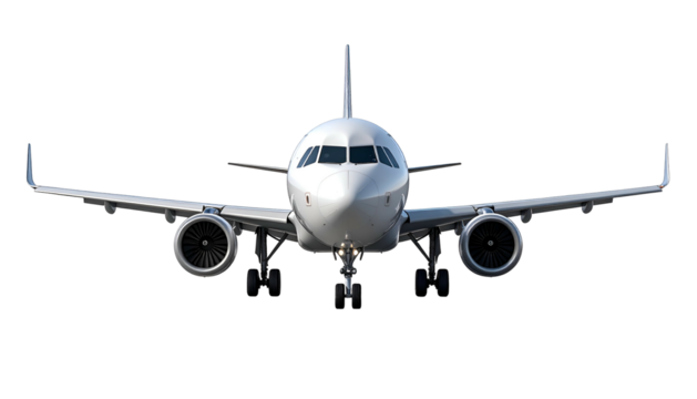 Front-view of a white jet airliner on the ground, wings spread, engines visible