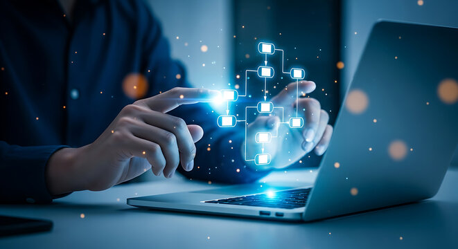 Man interacts with a glowing flowchart overlay on his laptop, representing a digital process or system.
