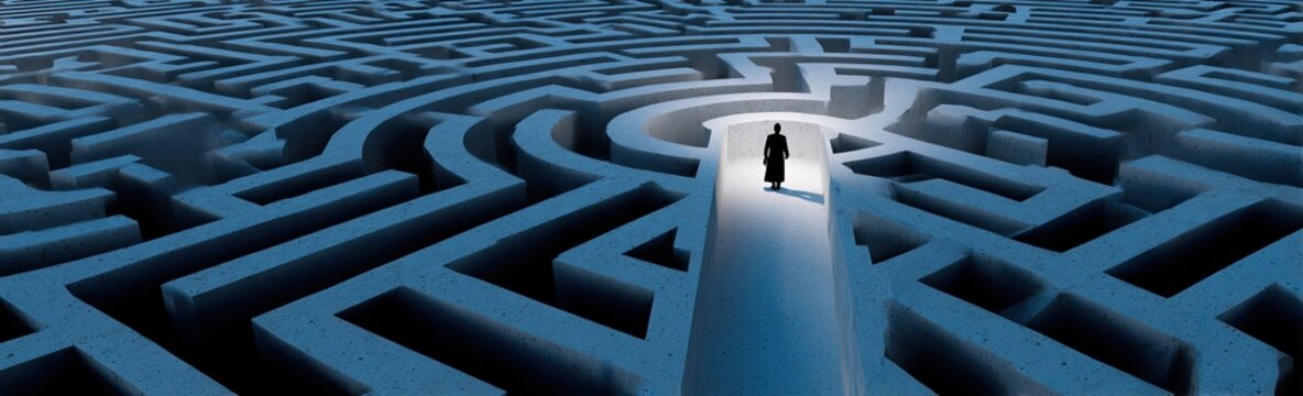 A person on a bright path strides through a maze toward light, surrounded by walls