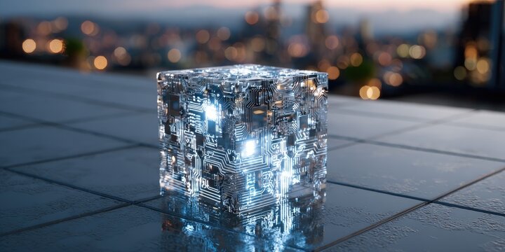 Crystalline cube on rooftop patio at twilight