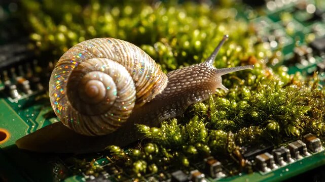 A snail with an iridescent shell crawls across a circuit board covered in moss, blending nature & technology