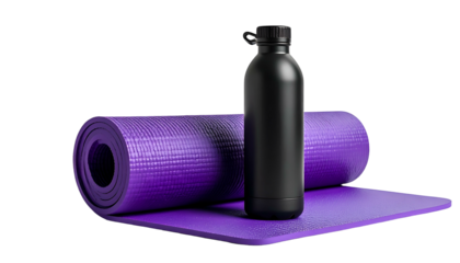 Rolled purple yoga mat and a black water bottle against a black background