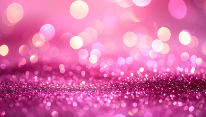 Sparkling vibrant pink backdrop with soft glowing bokeh lights, glitter particles shimmering.