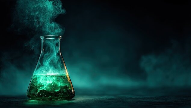 A glowing flask with teal smoke - Powered by Adobe
