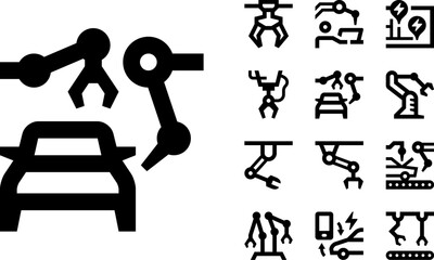 Car Assembly With Robotic Arms Line Icons