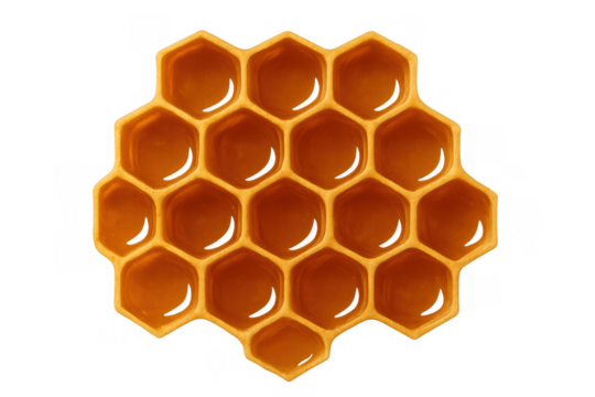 Honeycomb structure with golden liquid filling hexagonal cells, sweet natural organic food element