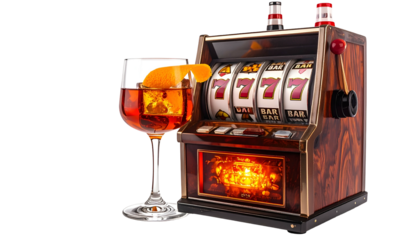 Classic slot machine with drink beside it, showcasing winning symbols